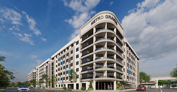 a rendering of a large building with a sign on top of it