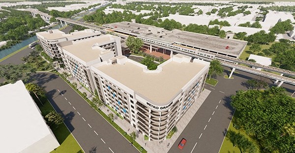 a rendering of a large white building with a highway next to it