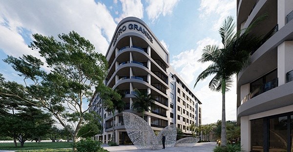 an illustration of a building with a sculpture in front of it