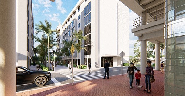 a rendering of the exterior of a building with people walking