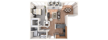 a stylized floor plan with a bedroom and a living room
