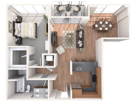 a stylized floor plan with a bedroom and a living room