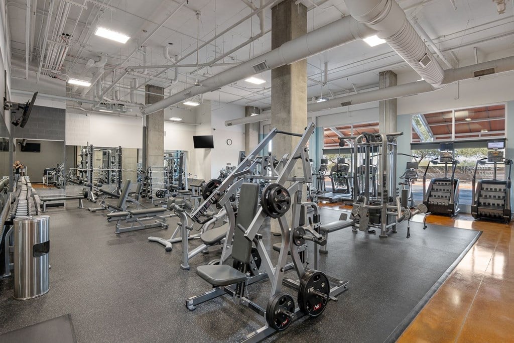 a gym with weights and cardio equipment in a building