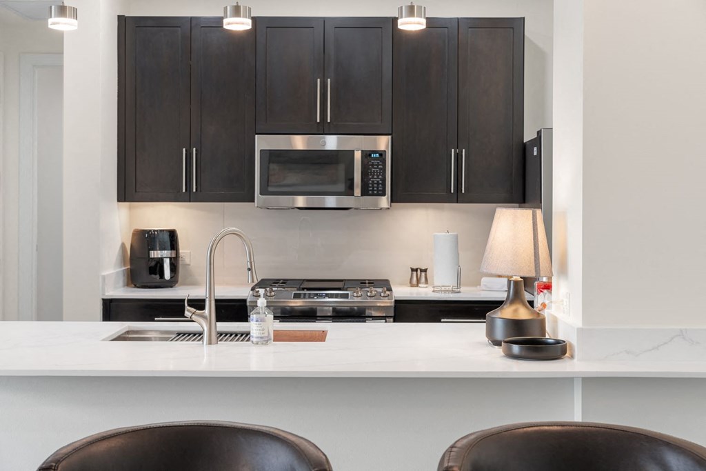 a kitchen with black cabinets and a sink and a microwave