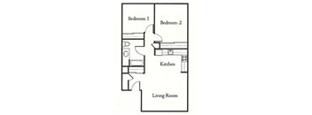 A floor plan of apartment with two bedrooms, a living room, and a kitchen.
