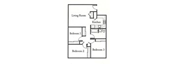 A floor plan of a small apartment with a living room, kitchen, and three bedrooms.