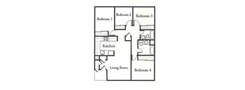 A black and white image of a house floor plan with four bedrooms, a living room, and a kitchen.