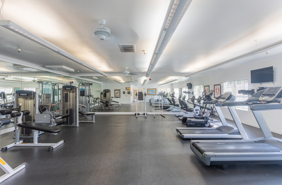 a gym with cardio equipment and weights on the floor