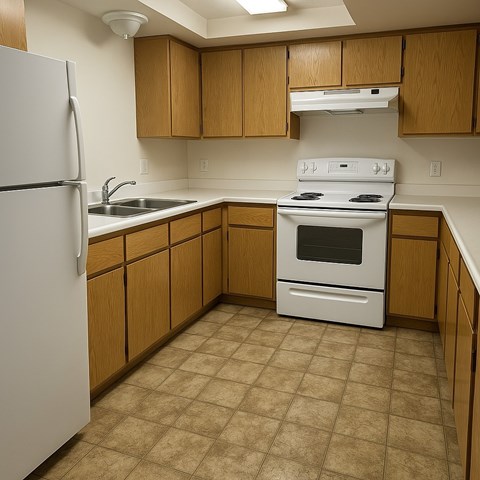 A kitchen with a white refrigerator, white stove, and brown cabinets.