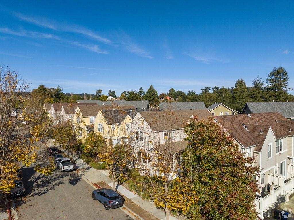 A row of houses with trees in front of them at Westmont Place Townhomes Apartments, California