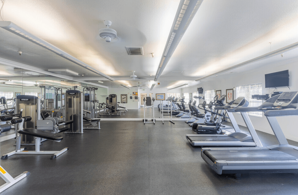 a gym with cardio equipment and weights on the floor