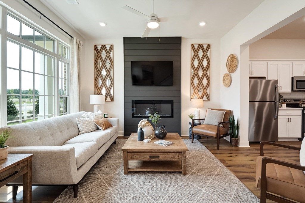 a living room with a couch and a table