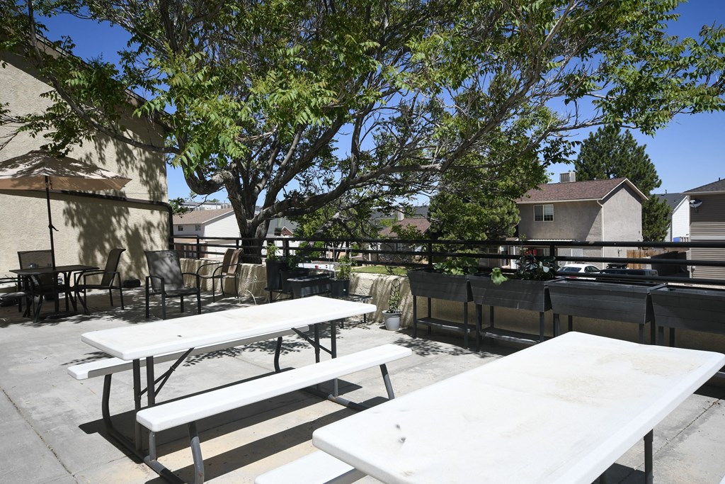 an outdoor patio with tables and chairs and trees
