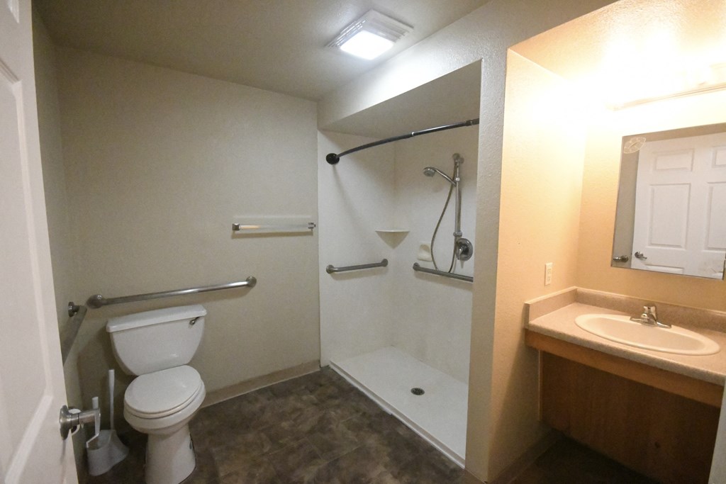 a bathroom with a toilet and a shower and a sink