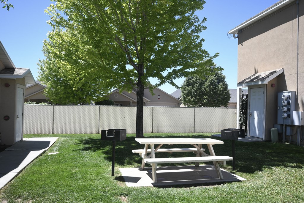 a picnic table in the back yard of a house