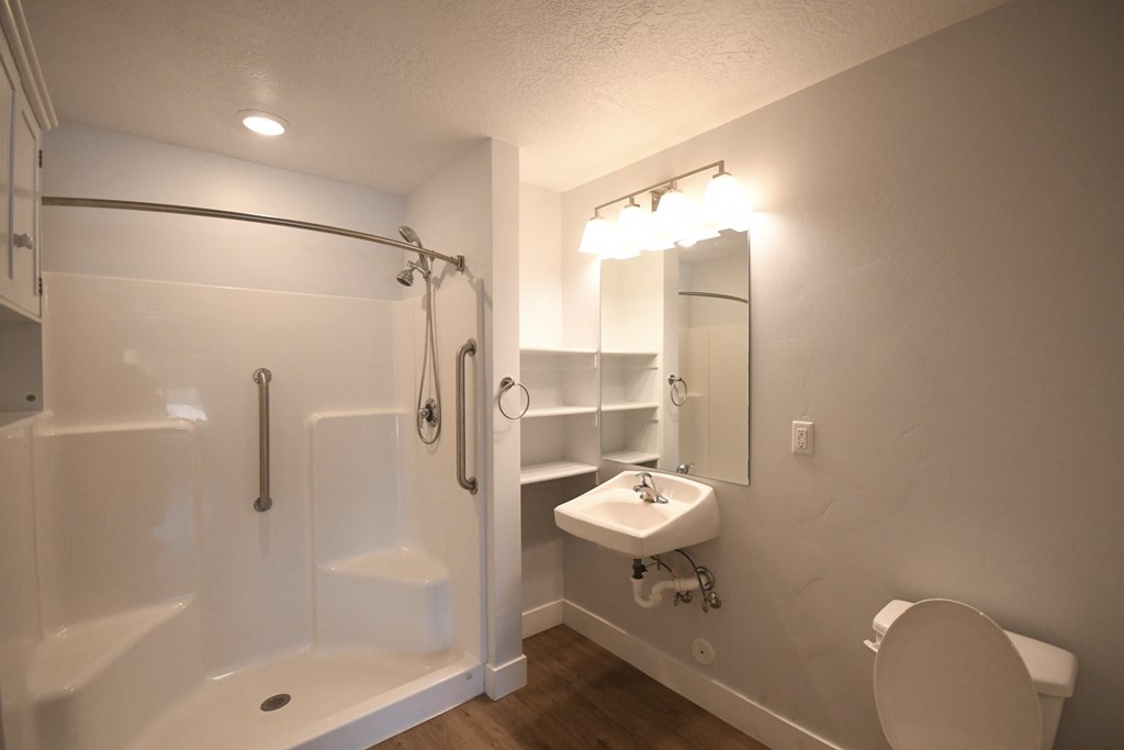 a bathroom with a shower and a sink and a toilet