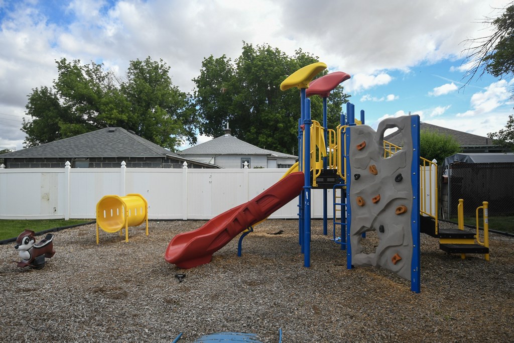 a playground with a slide and other toys in a yard
