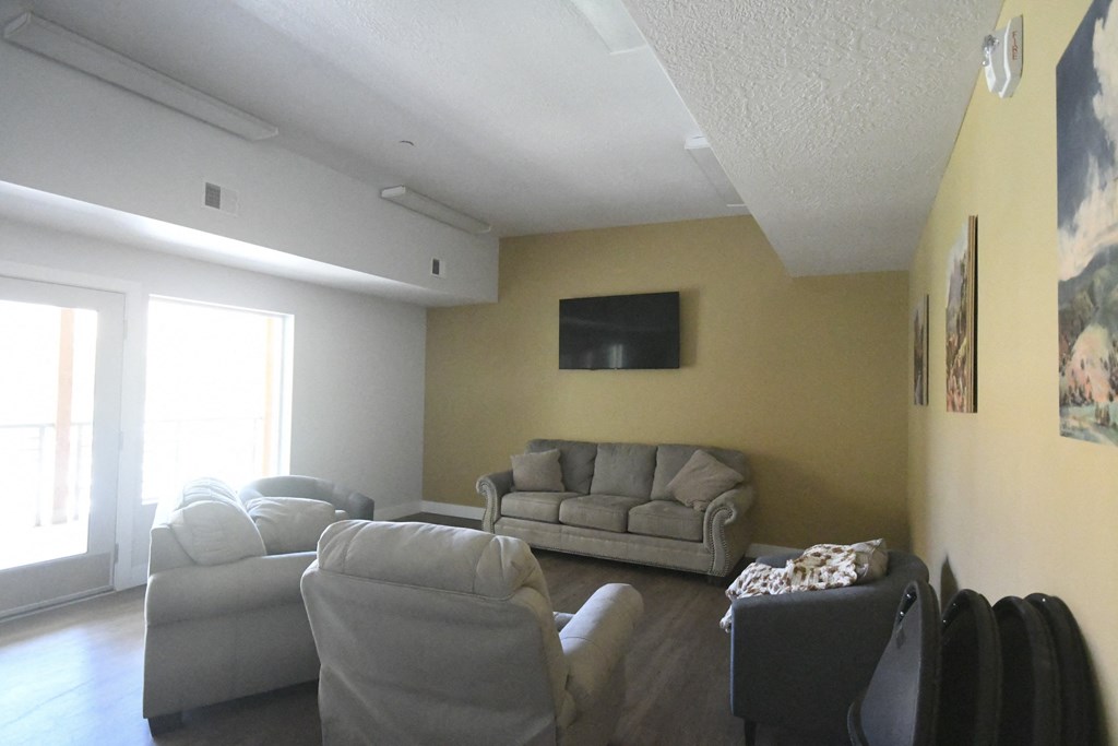 a living room with couches and chairs and a tv