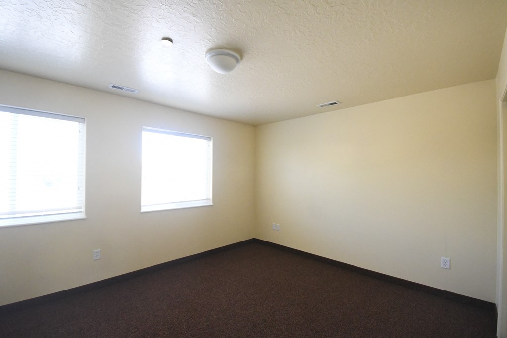 an empty room with a carpet and two windows