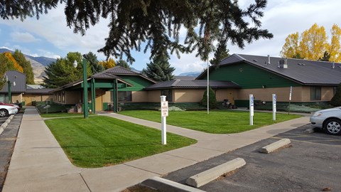 a house with a yard and a sidewalk in front of it