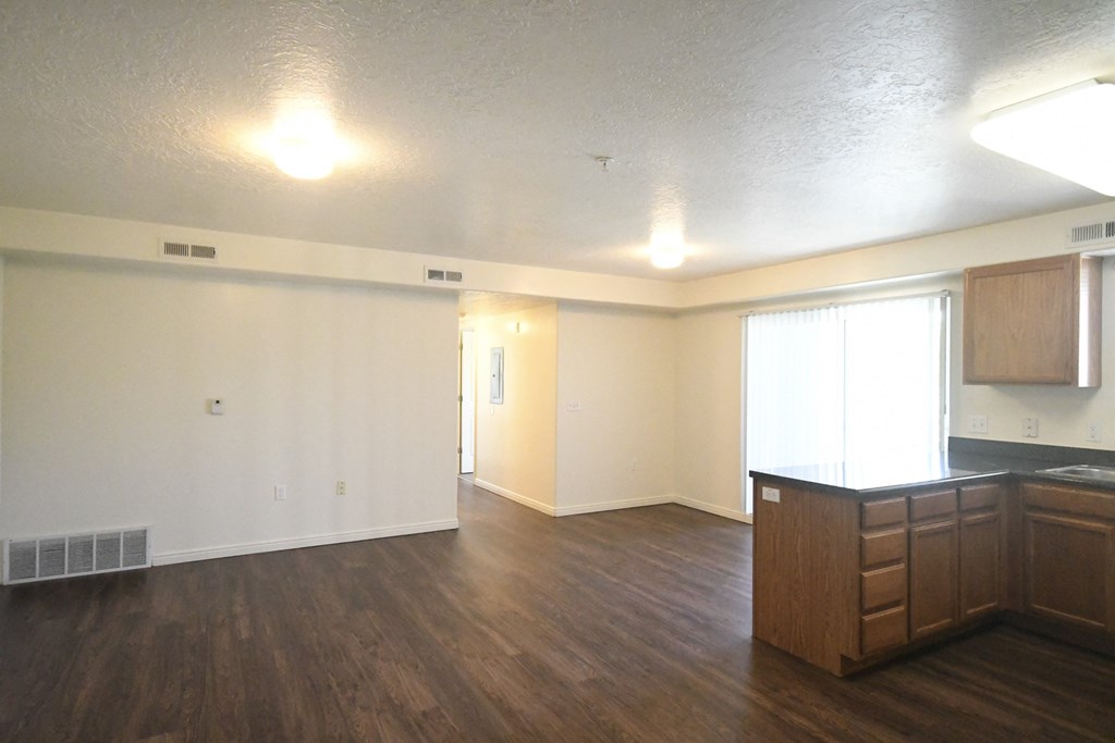 an empty living room and kitchen in an empty apartment