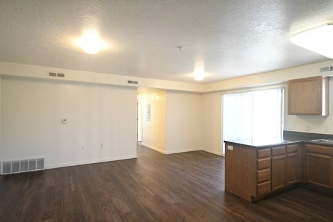 an empty living room and kitchen in an empty apartment
