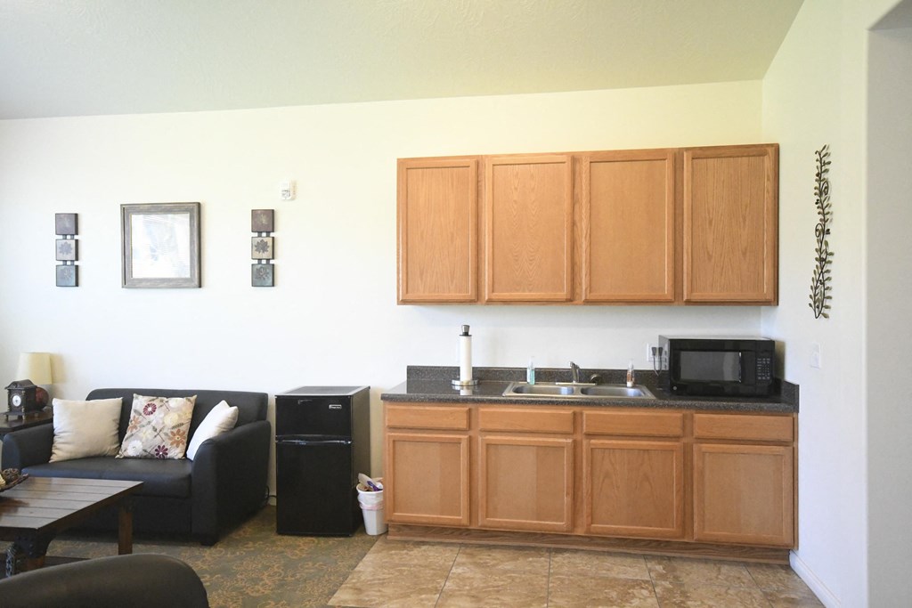 a living room with a kitchen and a couch