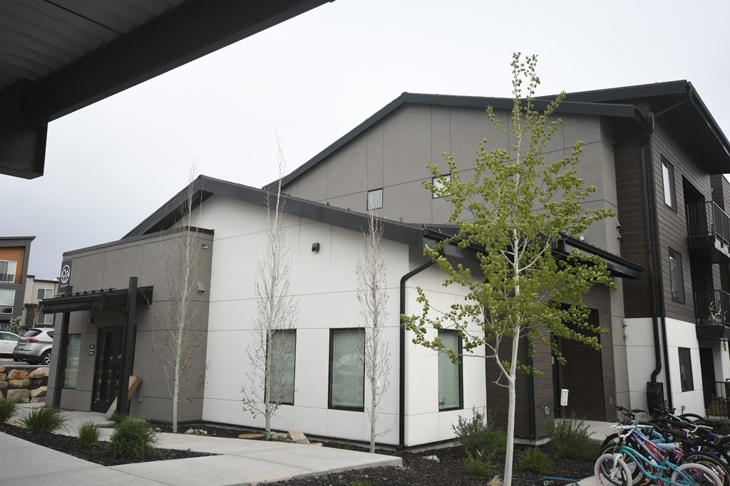 a white and black building with a tree in front of it