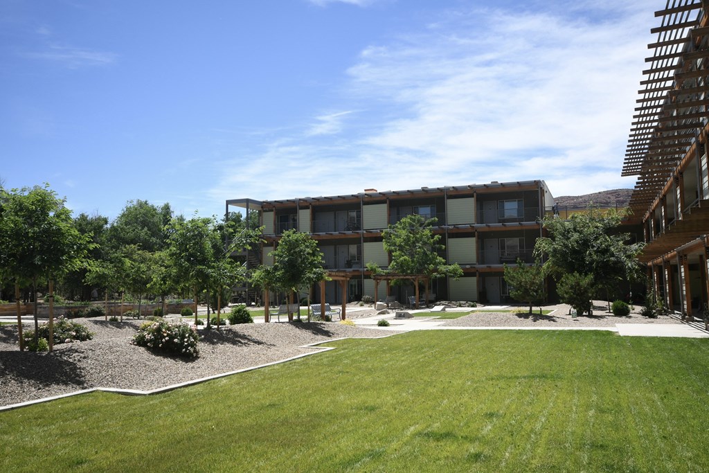 a view of the courtyard of a building with grass and trees