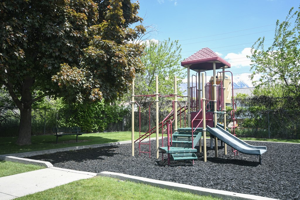a playground with a slide in a park