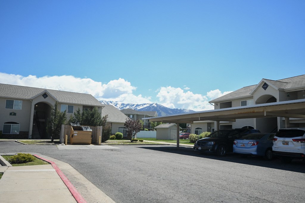a row of houses with mountains in the background