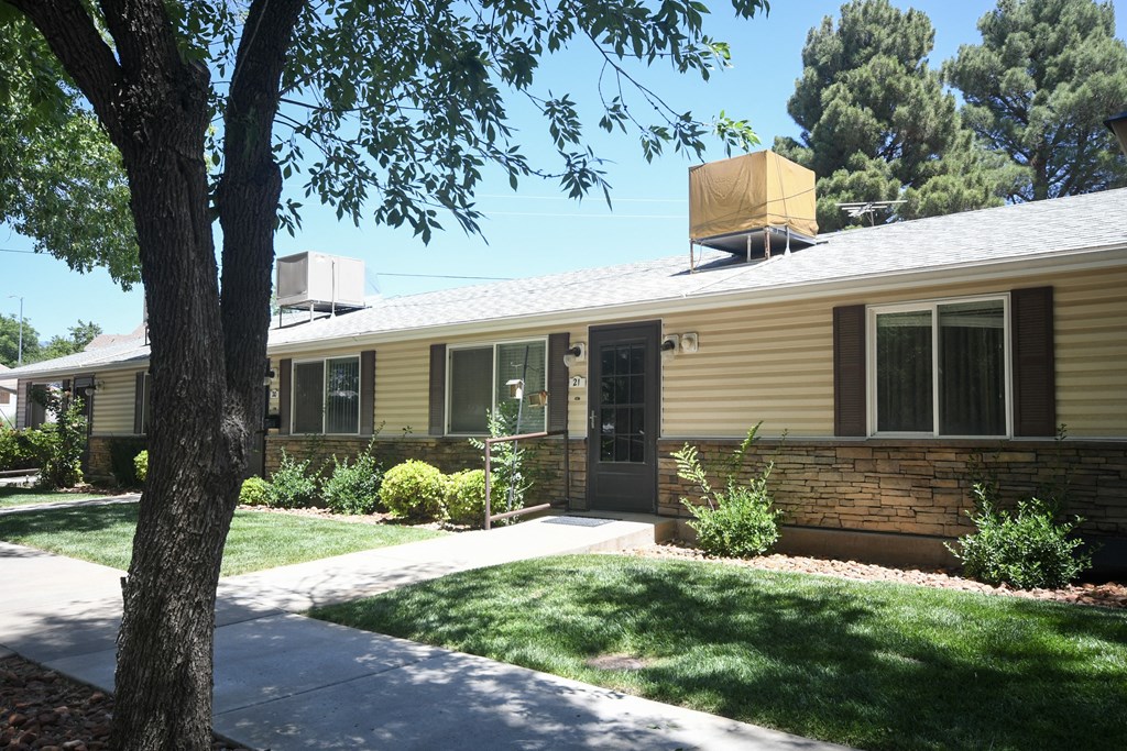 the front of a yellow house with a sidewalk and a tree