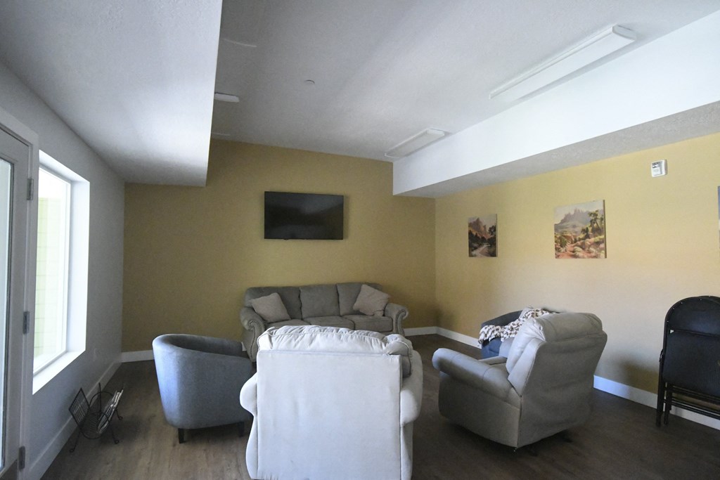 a living room with a couch and chairs and a tv