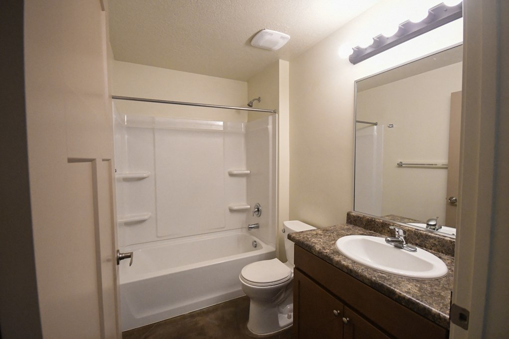 a bathroom with a shower toilet and sink and a mirror