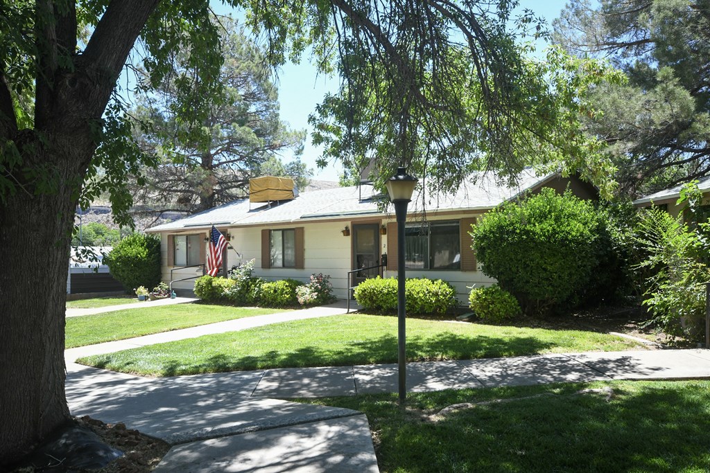 a house with a lawn and a lamp post in front of it