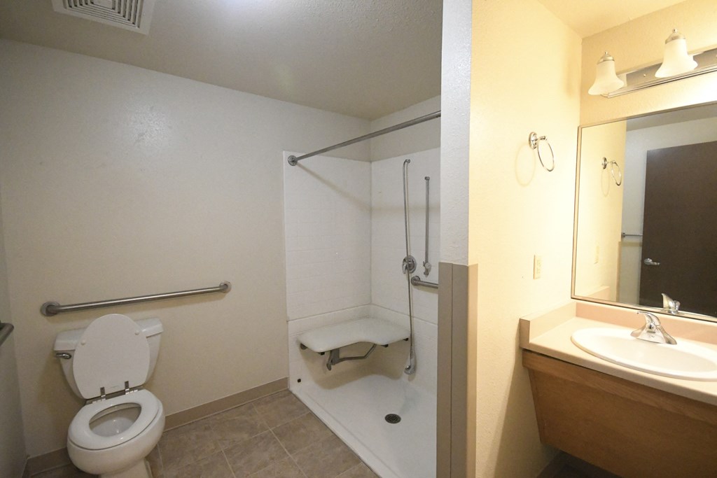 a bathroom with a toilet and a shower and a sink