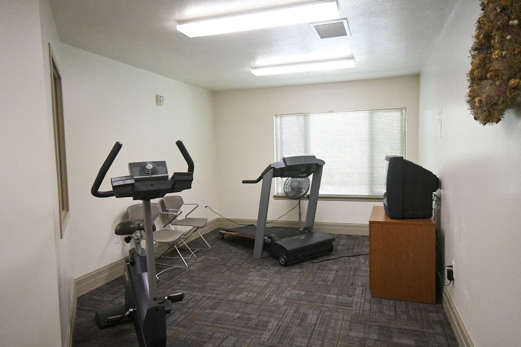 an exercise room with treadmills and a tv