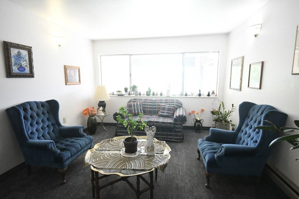 a living room with blue furniture and a window