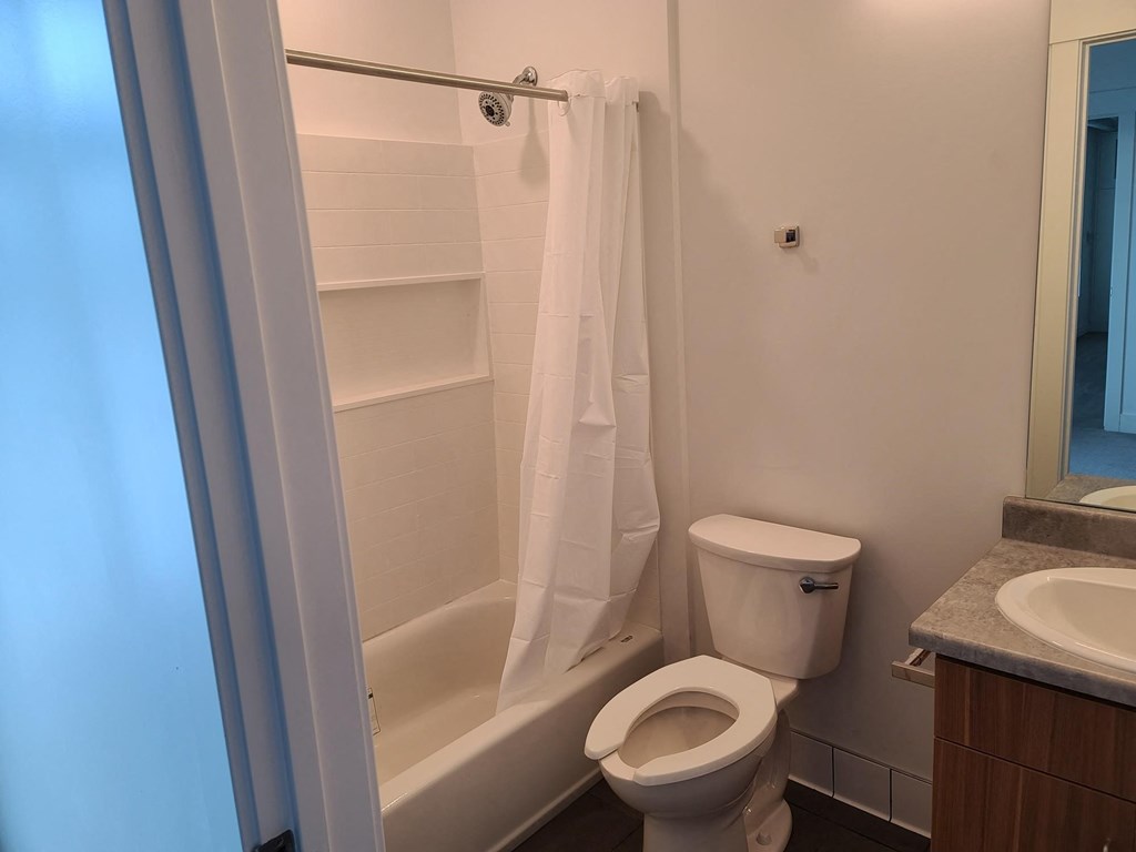 a bathroom with a shower and a toilet and a sink