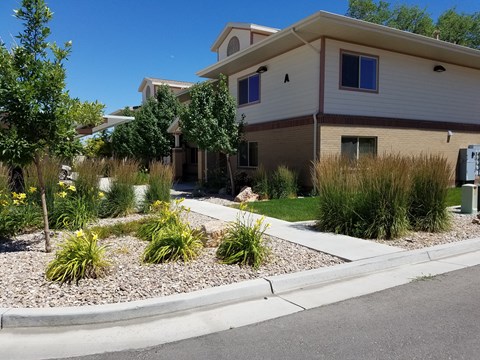 the front yard of a house with a landscaped garden