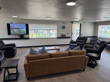 A living room with a brown couch and a television.