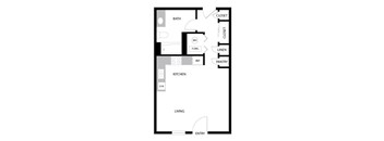 A floor plan of a house with a living room, kitchen, bathroom, pantry, and two closets.