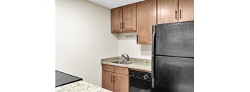 A black refrigerator sits next to a black countertop.