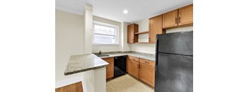 A kitchen with a black refrigerator, wooden cabinets, and a marble countertop.