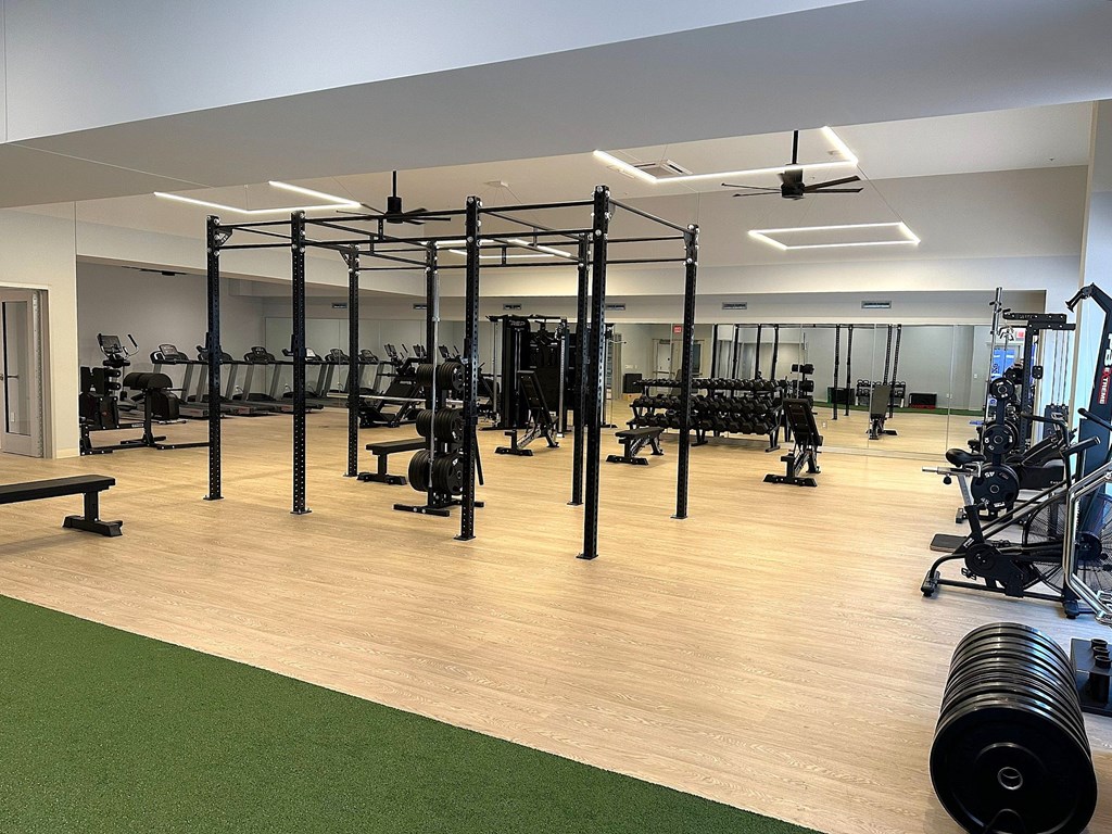 A gym with a variety of equipment including weights and weight machines.