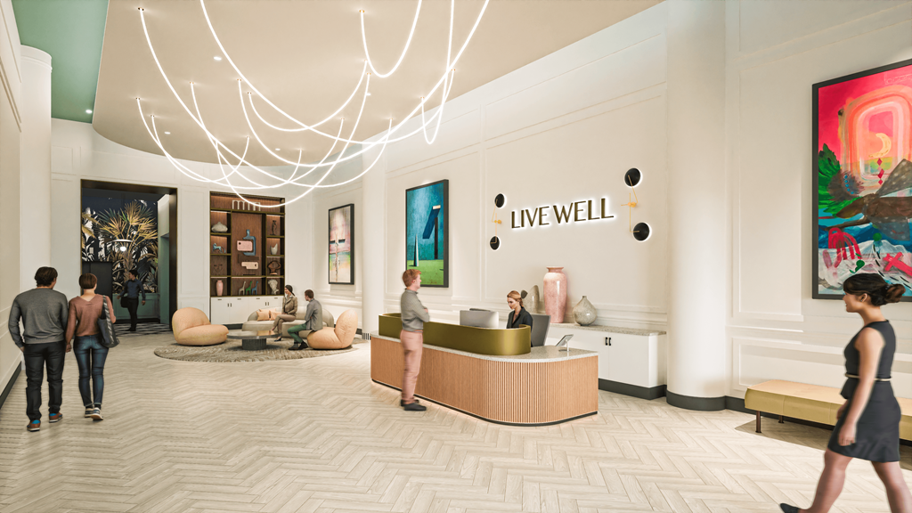 a rendering of a lobby with people walking around and a reception desk