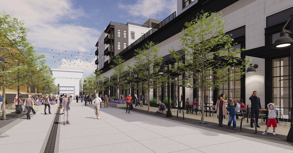 a rendering of people walking on a sidewalk in front of a building