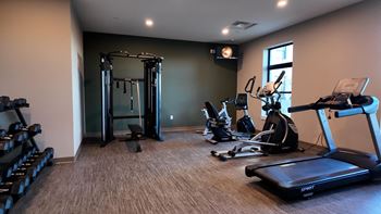 A gym with treadmills, elliptical machines, and a weight machine. at The Pearl, Indiana, 46802