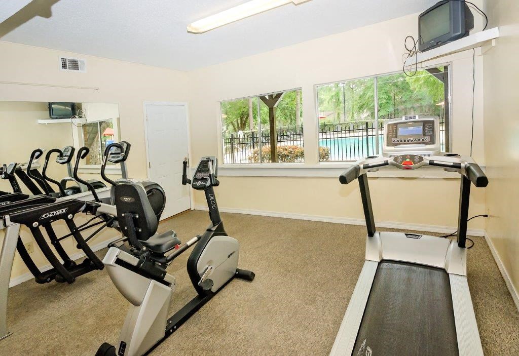 a gym with cardio equipment and a window overlooking a pool