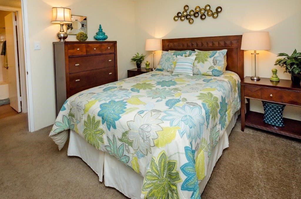 a bedroom with a bed and a dresser